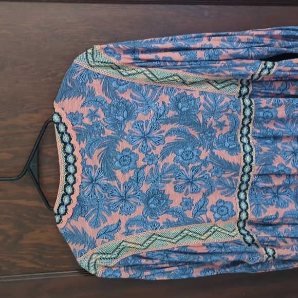 J. Jill Blue and Coral  Floral Embroidered Boho Tropical 3/4 Sleeve Blouse LP - Picture 7 of 8